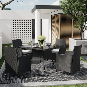Black square outdoor table with center parasol hole, woven legs, patio setting