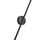 Black linear LED wall sconce with round mounting plate and angled vertical bar