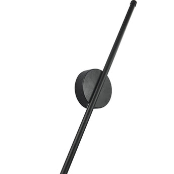 Black linear LED wall sconce with round mounting plate and angled vertical bar