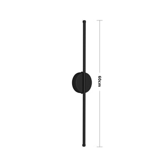 Black linear LED wall sconce with round wall plate and vertical bar