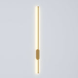 100cm LED strip wall lamp with long gold bar and rounded oval wall bracket, lit
