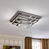 Square crystal flush ceiling lamp with double-tier metal frame and dangling crystal drops