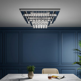 Square crystal flush ceiling lamp with double-tier chrome frame and hanging crystal pieces