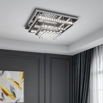 Square crystal double-layer ceiling lamp with geometric metal lattice and clear crystal beads