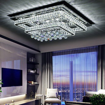 80cm LED flush mount ceiling light with clear crystal panels and hanging crystal droplets