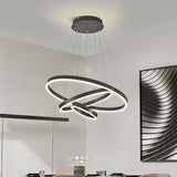 Black ring LED pendant light with stacked circular light rings and suspension cables