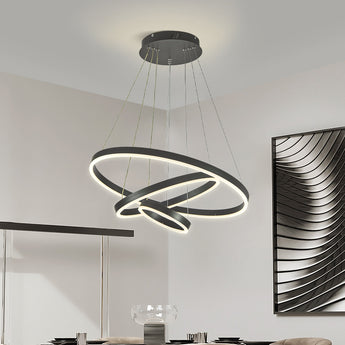 Black ring LED pendant light with stacked circular light rings and suspension cables