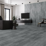 Dark grey woodgrain PVC laminate flooring planks, self-adhesive