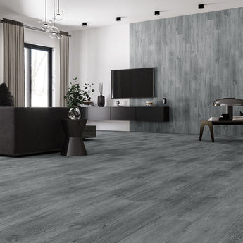 Dark grey woodgrain PVC laminate flooring planks, self-adhesive