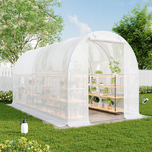 White walk-in greenhouse with zippered door and clear PE cover, steel frame, side view