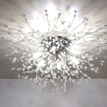 Chrome Sputnik flush mount ceiling light, extensive clear crystal strands and bulbs