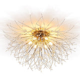 Gold Sputnik flush mount ceiling light, close view of radiant metal arms and bulbs