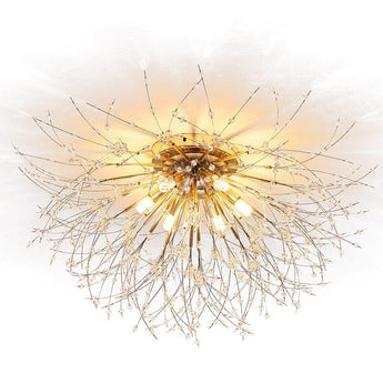 Gold Sputnik flush mount ceiling light, close view of radiant metal arms and bulbs