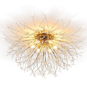 Gold Sputnik flush mount ceiling light, close view of radiant metal arms and bulbs