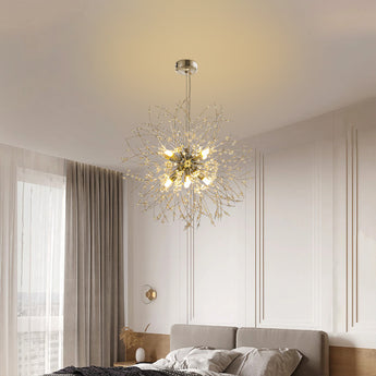Sputnik-Hängeleuchte mit 8 Metallhaltern, goldener Drahtstern, über dem Bett, leuchtend