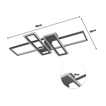 Black geometric LED ceiling light, size 90cm x 59cm, rectangular panel layout