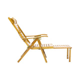 Bamboo recliner with retractable footrest, open-leg extended angle