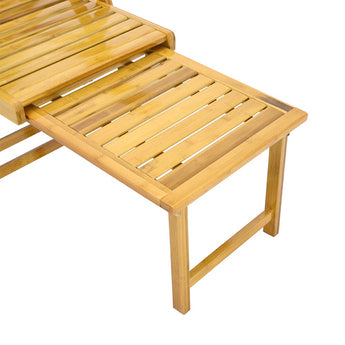 Retractable footrest platform with wooden slats on bamboo recliner