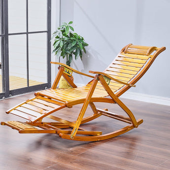 Bamboo rocking chair foldable recliner lounge, natural wood slatted seat