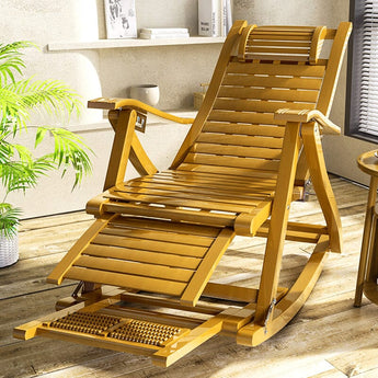 Bamboo rocking chair foldable recliner lounge, light brown wood slats