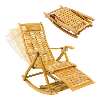 Bamboo rocking chair foldable recliner lounge, natural wood rocking base and back