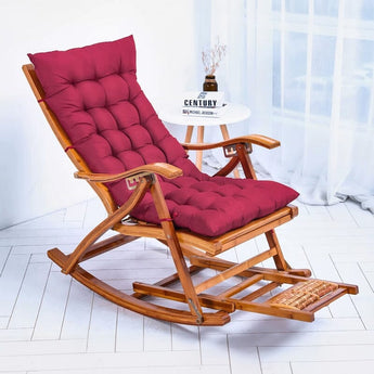 Bamboo reclinable mecedora plegable Brown con cojín rojo y reposapiés extensible