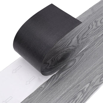 Grey wood-effect PVC flooring roll edge with attached backing