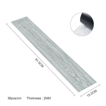 Gray wood-effect PVC flooring tile with dimensions and 2mm thickness label