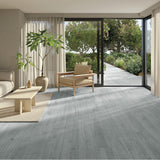 Wood-effect PVC self-adhesive flooring tiles, gray planks in a room layout