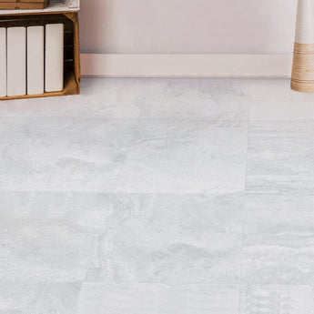 Cool white square floor tiles with stone-effect pattern and fine crackle veining
