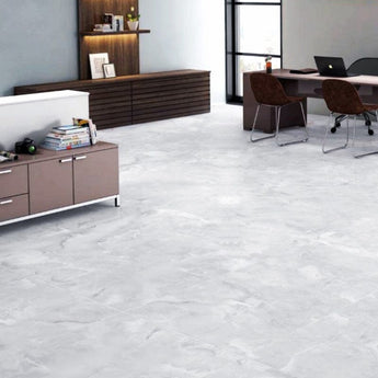 Square stone-effect floor tile set, cool white with subtle marble veining