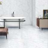 Stone-effect cool white floor tiles, square layout with realistic marble-like lines