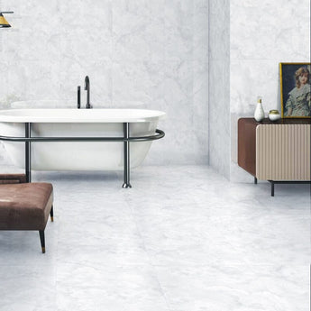 Stone-effect cool white floor tiles, square layout with realistic marble-like lines