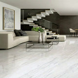 Cool white square stone-effect floor tiles with light gray marble streaks