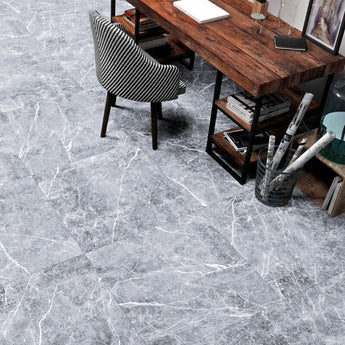 Brilliant grey stone-effect square floor tiles with detailed marble veining