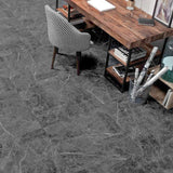 Dark grey stone-effect square floor tiles with prominent marble pattern