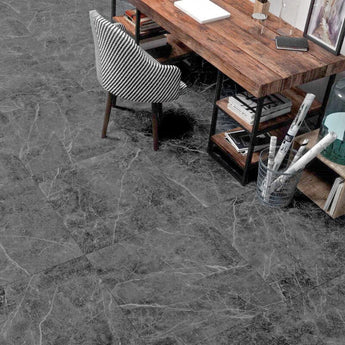 Dark grey stone-effect square floor tiles with prominent marble pattern