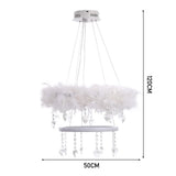 LED-Pendelleuchte, 120 cm hoch: weißer Feder-Look, Kristallanhänger, 50 cm Breite