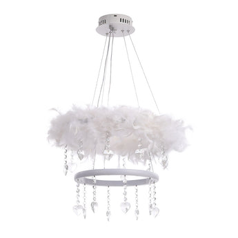 LED-Pendelleuchte mit weißem Feder-Look, Kristallherz-Anhängern und Ringleuchte