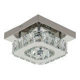 Modern square crystal ceiling light with chrome frame and faceted clear crystal rings