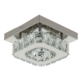 Modern square crystal ceiling light with chrome frame and faceted clear crystal rings