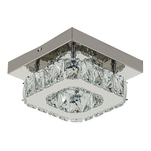 Modern square crystal ceiling light with chrome frame and faceted clear crystal rings