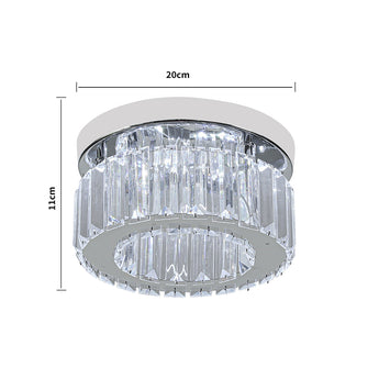 Crystal LED ceiling light size: 20cm wide, 11cm high, clear prism glass