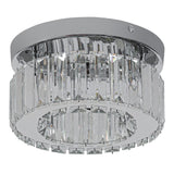 Round crystal LED ceiling light close-up with faceted clear glass prism panels