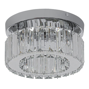 Round crystal LED ceiling light close-up with faceted clear glass prism panels