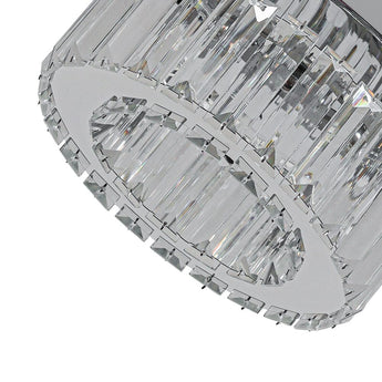 Crystal LED ceiling light detail: chrome frame with stacked clear glass prisms