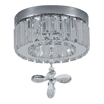 Close-up: round crystal LED ceiling light with clear prisms and central hanging crystal pendant