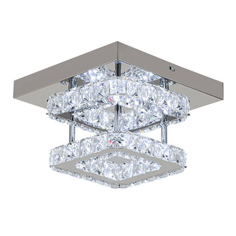 2-Tier Square Crystal ceiling light, chrome canopy with two stacked clear crystal tiers