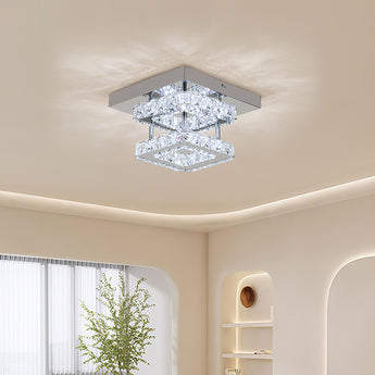 2-Tier Square Crystal ceiling light, chrome canopy and stacked crystal layers