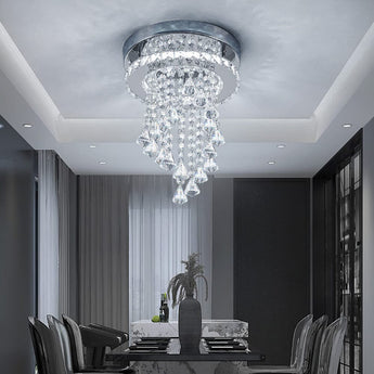 Crystal ceiling light with chrome round canopy and dangling clear droplet prisms